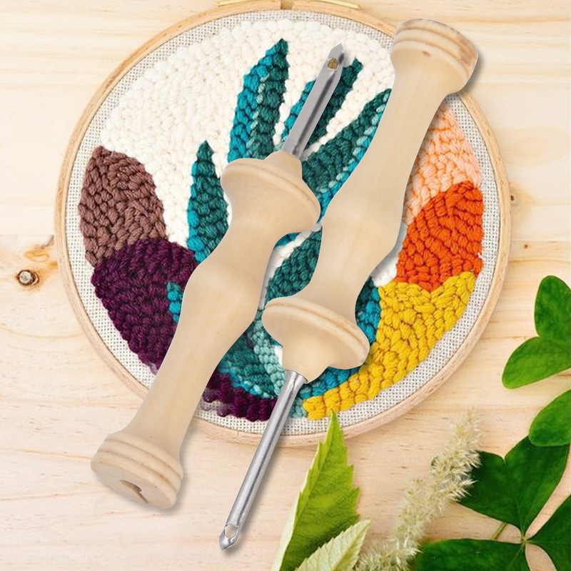2Pcs Punch Needle Embroidery Kit Wooden Handle Yarn Needle DIY