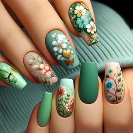 Press on Nails Medium Coffin Fake Nails Green False Nails with Flower Pattern Design Glue on Nails Spring Acrylic Nails Matte Full Cover Stick on Nails Cute Artificial Nails for Women Manicure 24Pcs