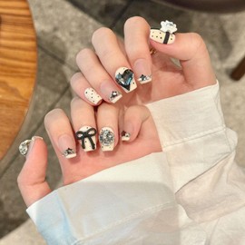 NLSJMP 3D handmade Gel nails press on false nails short square matte white big rhinestone, Black bow cute acrylic Reusable fake nails designed kit,10 Nails Size S #2220