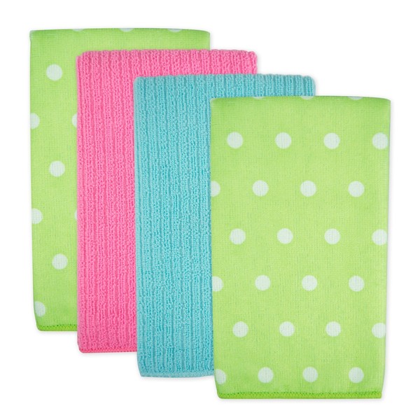 DII Microfiber Multi-Purpose Cleaning Towels Perfect for Kitchens, Dishes, Car, Dusting, Drying Rags, 16 x 19, Set of 4 - Green Dots