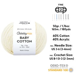 HobbyMia Baby Cotton Yarn for Crocheting - 50g / 180yds - (2) Fine, Sport Weight Yarn - Soft Amigurumi Yarn for Crochet Thread - 60% Cotton & 40% Acrylic Yarn (Cream, 1 Ball)