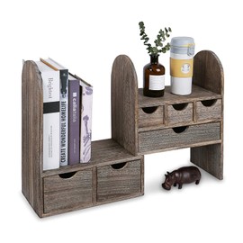 Ikee Design Large Expandable Wooden Desktop Organizer for Office Supplies, Extendable Book Storage Shelf Rack, Stationary Compartment Holder, Coffee Color