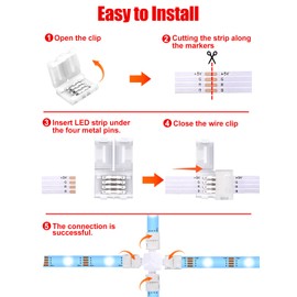 GANZQH 4 Pin LED Light Strip Connectors Set for 8 mm Width RGB LED Strip Lights, Including 5 Pcs Cross Shape Connectors and 20 Pcs Clips