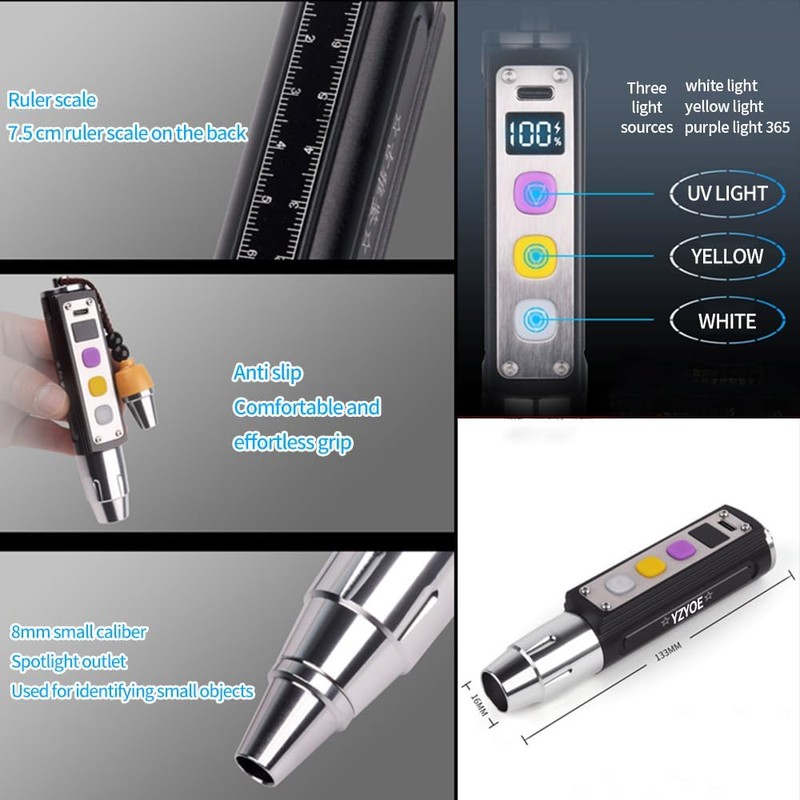 LED Three Switches Three Light Sources Jade Identification Flashlight, New