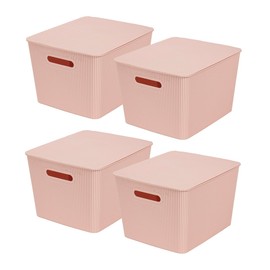 Glad Storage Baskets with Lids - Set of 4 Stackable Plastic Boxes with Handles - Decorative Shelf Organizer Bins for Bathroom and Closet, Pink, 4.7 Gallon