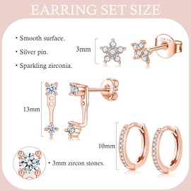 Sterling Silver Rose Gold Stud Hoop Earrings Set for Women Girls, 3 Pairs Hypoallergenic Silver Cubic Zirconia Stud Hoop Earrings set, Small Cartilage Sleeper Earrings Stacks Set for Multiple Piercing