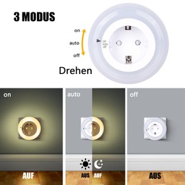 emotionlite emotionlite Nachtlicht Steckdose mit D?mmerungssensor, LED Nachtlampe Kinder Schtzen Steckdose Helligkeitssensor, Auto/ON/OFF mit Lichtsensor 4 Helligkeit Einstellbar WarmWei? 2700K 3 Stck