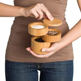 feedal Round Bamboo Glass Salt & Spice Jar with Magnetic Twist Lid 7x9cm (3 Tiers)
