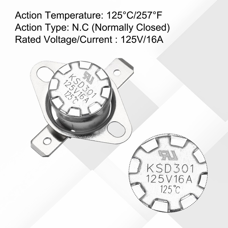 uxcell 4 Pcs KSD301 Thermostat 125°C/257°F 16A Normally Closed N.C