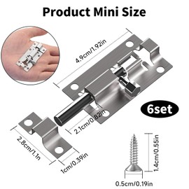 6 Pcs Door Lock Bolts, Small Door Bolt Lock, Stainless Steel Door Latch Slide Bolts Lock with Screws 2 inch Sliding Latch Lock Silver Door Latch Slide Bolts Lock for Bathroom Bedroom Home Toilet Yard