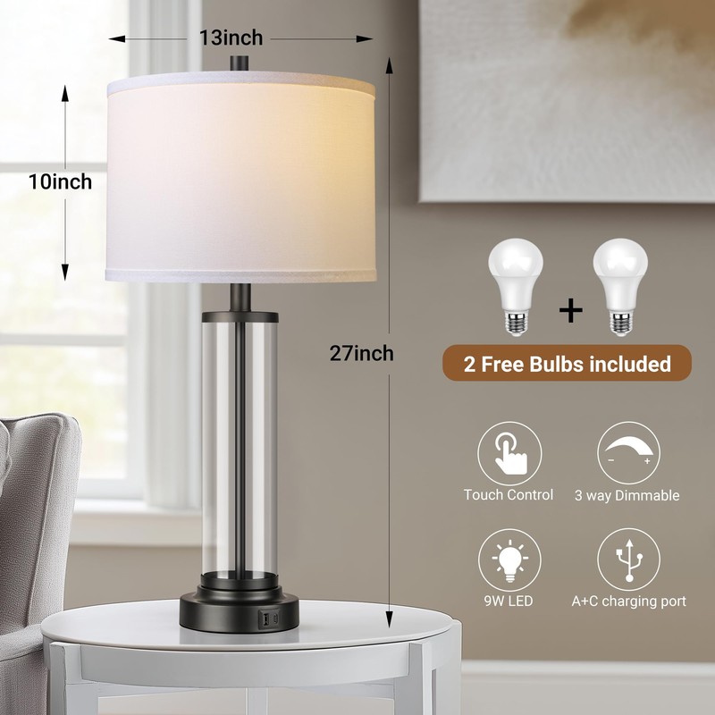 Glass Table Lamps Set of 2, Modern Black Dimmable Beside