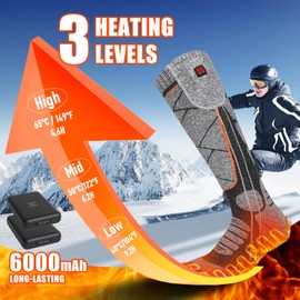 EIHBIEA Heated Socks, 5V 6000mAh Rechargeable Heated Socks for Men & Women, Electric Socks with 3 Heating Levels for Winter, Skiing, Hunting, Camping, Hiking, Cycling, Outdoor Work
