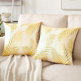 JOTOM Set of 2 Cushion Covers Decor Velvet Throw Pillow Covers Gold Leaves Decorative Pillow Cases Bronzing Flannelette Cushion Cover for Couch Bedroom Sofa Car Home Living Room Decor 45x45cm (Cream)