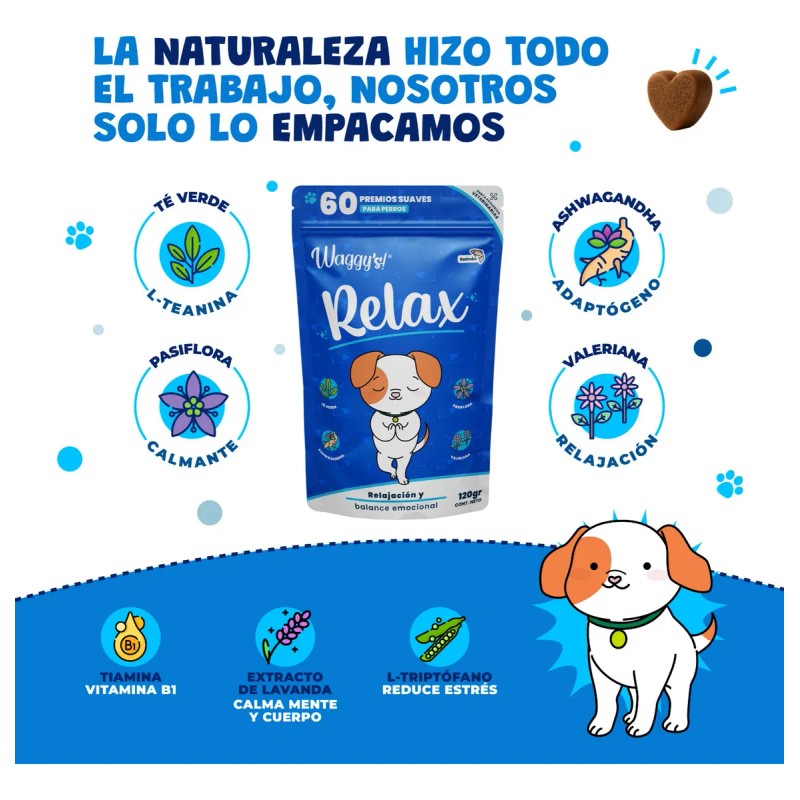 Waggys® Relax Suplemento Natural Para Estrés Y Ansiedad 60pz