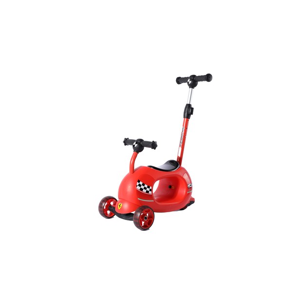 Ferrari 4-in-1 Three-Wheel Scooter A- Use as City Trike- B Foot to Floor for Sliding While Enhancing Leg Strength. C 3 Wheels Scooter. D- Rocking Horse-Round Shape Design Creating The Rocking Effect.