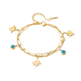 NewZenro Sun Blue Turquoise Charm Beaded Chain Link Bracelets for Women Boho Stainless Steel Gold Plated Star Layered Chains Adjustable Fashion Trendy Jewelry for Her Bff Holiday 7.5"