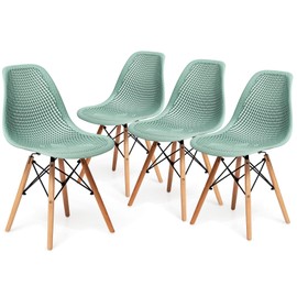 Giantex Set of 4 Modern Dining Chairs, Outdoor Indoor Shell PP Lounge Side Chairs with Mesh Design, Beech Wood Legs, Tulip Leisure Chairs, DSW Dining Chairs for Kitchen, Dining Room, Green