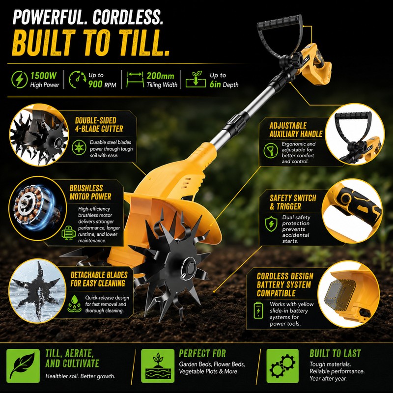 Cordless Garden Tiller for Soil Cultivation – 200mm Brushless Rototiller