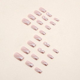 Medium Length Nails French Tip - 24pcs Glitter Pink False Nails with Glue - 12 Sizes Press on Nails with Heart Design - Glossy Elegant Full Cover Stick on nails for Women Girls