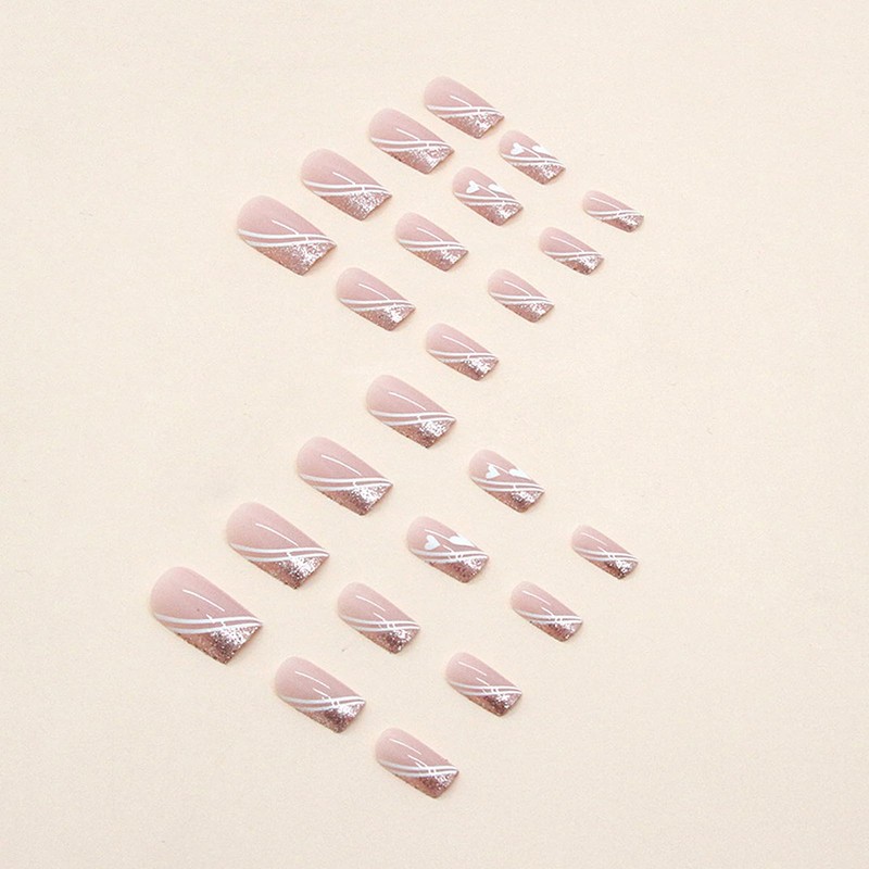 Medium Length Nails French Tip - 24pcs Glitter Pink False