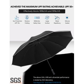 XIXVON Umbrella Pro (10 Ribs, Black) | UPF 50+ 99% UV Protection, Reflective Safety Strip, Sturdy Windproof, Travel Portable, Automatic | Reverse Folding Umbrella