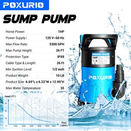 POXURIO Sump Pump, Water Pump Automatic 1HP 5300GPH, 750W Portable Dirty Clean Water Transfer Pump with 26FT Cord for Basement, Pond, Swimming Pool