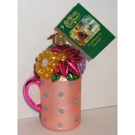 OLD WORLD CHRISTMAS - BEST MOM MUG WITH FLOWERS - BLOWN GLASS ORNAMENT NEW 32543