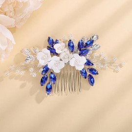 Teyglen White Flower Hair Comb Blue Rhinestone Bridal Hair Comb Wedding Crystal Pearl Hair Comb Floral Flower Headpiece Gold Leaf Rhinestone Hair Piece Hair Accessories for Women (Blue)