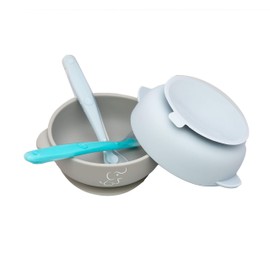 PAPU BABY Set de 2 tazones/bowl/plato y cucharas de Silicón 100% grado alimenticio con base de succión. Libre de BPA (Gris/Azul Patel)
