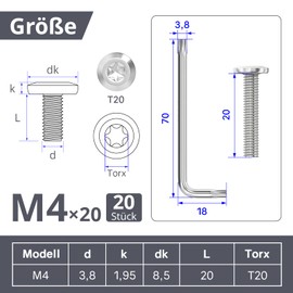 Dayalo Pack of 20 Screws with Torx Flat Head, M4 Threaded Screws, 20 mm, Stainless Steel, Full Thread with Key