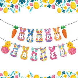 DACSTLWKJ Happy Easter Banner Decorations Bunny Easter Carrots Egg Garland Decor For Mantle Home Office School Outdoor Party Supply