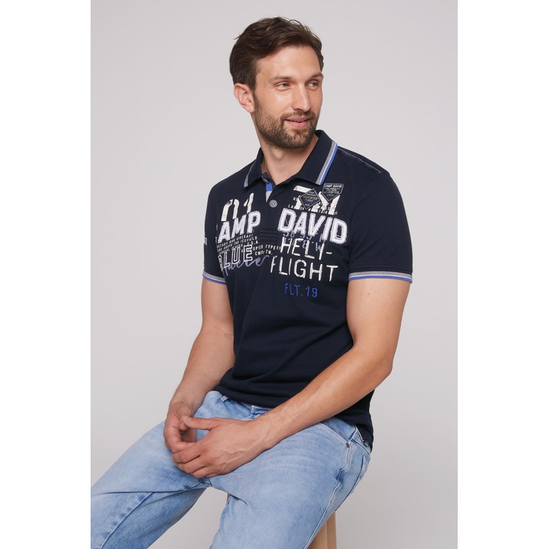 Camp David Men's Pique Polo with Label Appliques, Navy blue