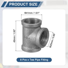 sourcing map 1"(25mm) Tee Pipe Fitting, Malleable Cast Iron Threaded Pipe Fitting for Vintage Shelves Bracket DIY Furniture Plumbing Pipe, 8Pcs