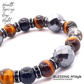 Blessing M'style Tiger Eye Natural Stone Bracelet, Crystal, Onyx, Men's Power Stone Bracelet, Prayer Beads, Original Drawstring Bag Included, Gemstone