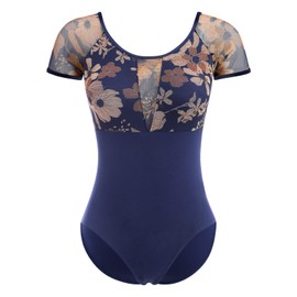 FYMNSI Women's Ballet Leotard Ballet Body Dance Body Leotard Short Sleeve Floral Pattern Mesh Leotard Padded Backless Leotards, darkblue