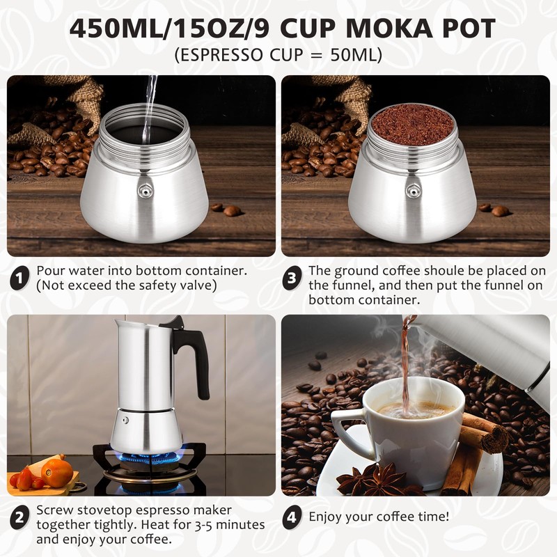 VONATES Stovetop Espresso Maker Stainless Steel Moka Pot, 9 cup