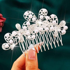 Atigy Blumen Haarkamm für die Braut Perlen für Hochzeiten silber farben Haarschmuck für Frauen
