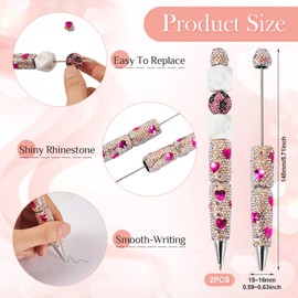 Beadthoven 2pcs Full Diamond Beadable Pens, Glitter Rhinestone Beaded Pens Fancy Cute Heart Gem Crystal Shaft Black Ink Ballpoint Pen for Office School Students Gifts Making DIY Supplies Fuchsia