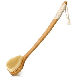 eaxun Bamboo Back Scrubber with Curved Long Handle, 17.3 Inches Exfoliating Shower Brush with Stiff Bristles for Men and Women, Back Washer Body Exfoliator for Bath or Dry Brushing