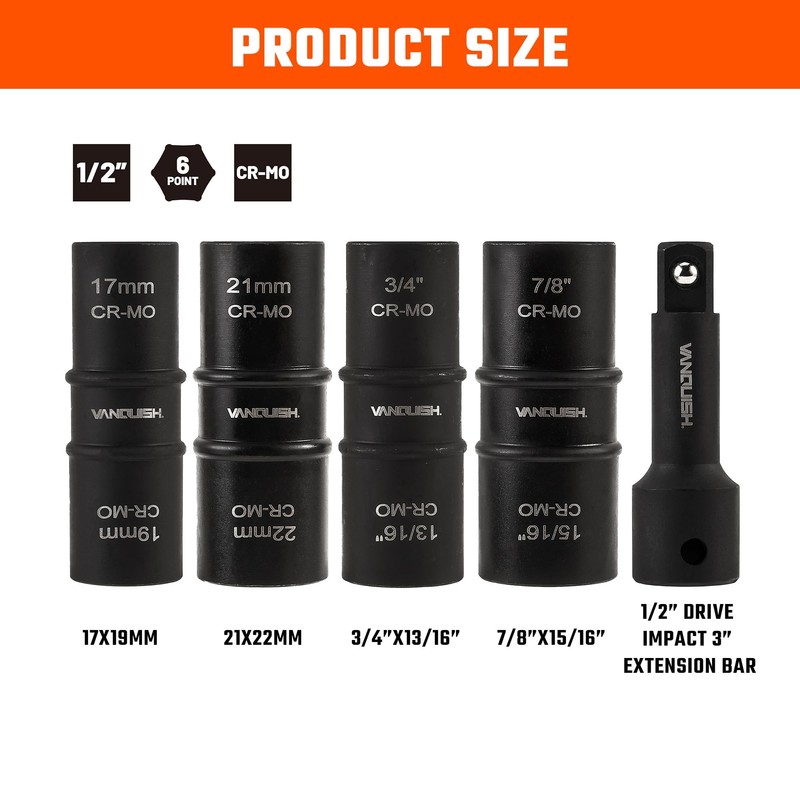 VANQUISH Motor Tech Lug Nut Socket Set, 5pc 1/2 Drive