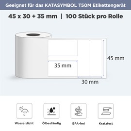 SUPVAN Katasymbol T50M Pro Label Tape Paper, Waterproof Labels for Home, School, Office, 45 x 30 + 35 mm, 100 Labels/Roll (White)