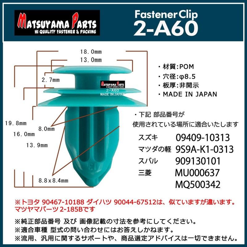 Matsuyama Parts 2-A60 Panel Clip, Suzuki Subaru Mazda, Number of