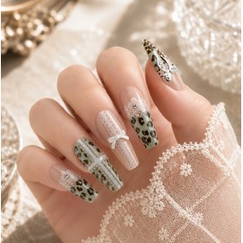 Mint Choco Gyaru Leopard Handmade Nail Tips - Oval L / 민트초코 갸루 레오파드 수제네일팁 - 오벌L