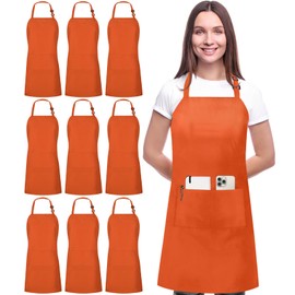Utopia Kitchen 10 Pack Bib Apron, Unisex Adjustable Aprons with 2 Pockets, Waterdrop Resistant Cooking Kitchen Chef Apron for Men Women, Orange
