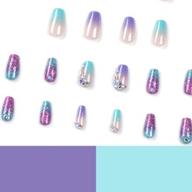 24Pcs Purple Gradient Press on Nails Square Medium Glossy Full Cover Acrylic Coffin False Nails with Rhinestone Designs Artificial Natural Fake Nails with Glue Stick on Nails for Women Girls