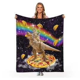 Funny Cat Dinosaur Pizza Print Throw Blanket, Galaxy Space Rainbow Taco Food Throws Blanket Super Soft Cozy and Plush Warm Flannel Bedding Blanket Gift for Couch Sofa Travel 50x40 Inch