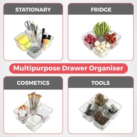 Amtido Drawer Organiser Tray Set - Clear Plastic Containers for Kitchen Utensils, Cosmetics, Food, and Stationery - Use in Drawers, Cupboards, Fridge, and Countertops (4 Pack - 10.2 x 10.2 x 8.3)