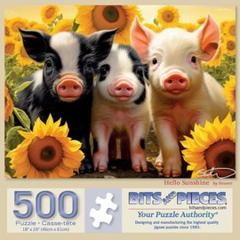Bits and Pieces - 500 Piece Jigsaw Puzzle for Adults - 18" x 24" - Hello Sunshine - 500 pc Baby Pigs Sunflowers Jigsaw by Stewart