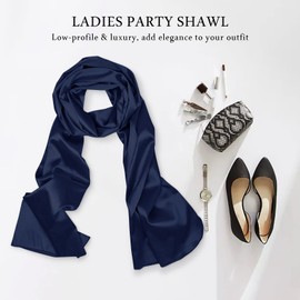 LumiSyne Women's Satin Chiffon Festive Stole Scarf Plain Lightweight Scarf Wrap for Bride Bridesmaid Wedding Evening Dress Prom, navy blue