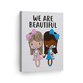 Smile Art Design Cute Blonde and African American Art Girl Friendship Wall Decor Canvas Print Kids Room Decor Wall Art Baby Room Decor Nursery Decor Ready to Hang Made in The USA- 12x8
